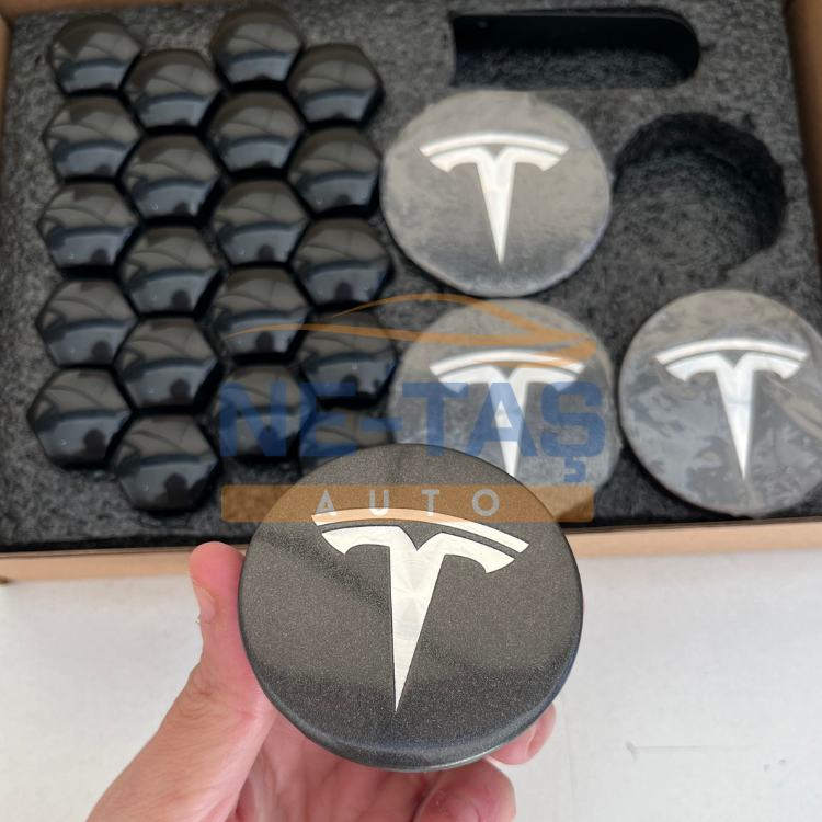 Tesla Model Y 2019-2025 Orijinal Alüminyum Jant Göbek ve Bijon (Parlak) Kapakları Antrasit