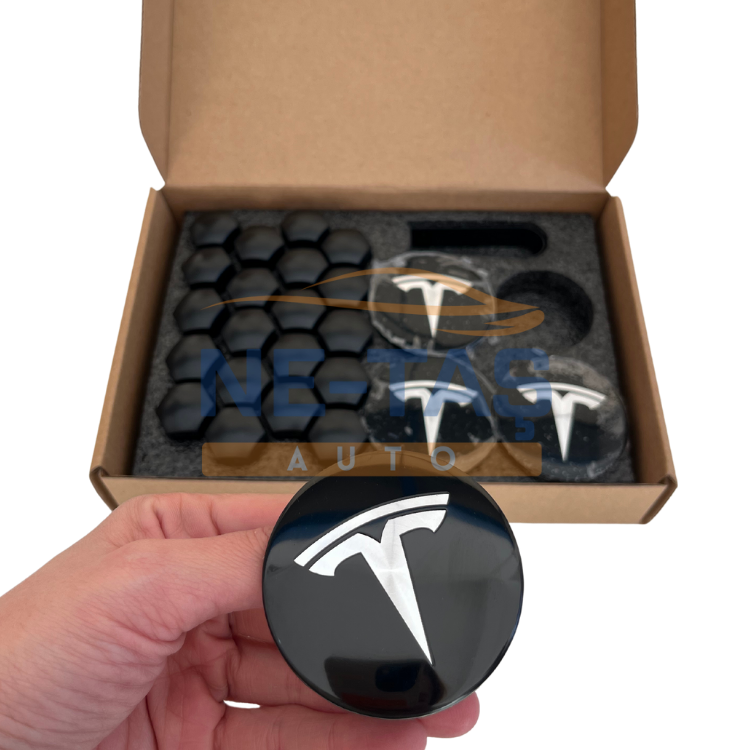 Tesla Model Y 2019-2025 Orijinal Alüminyum Jant Göbek ve Bijon (Mat) Kapakları Parlak Siyah