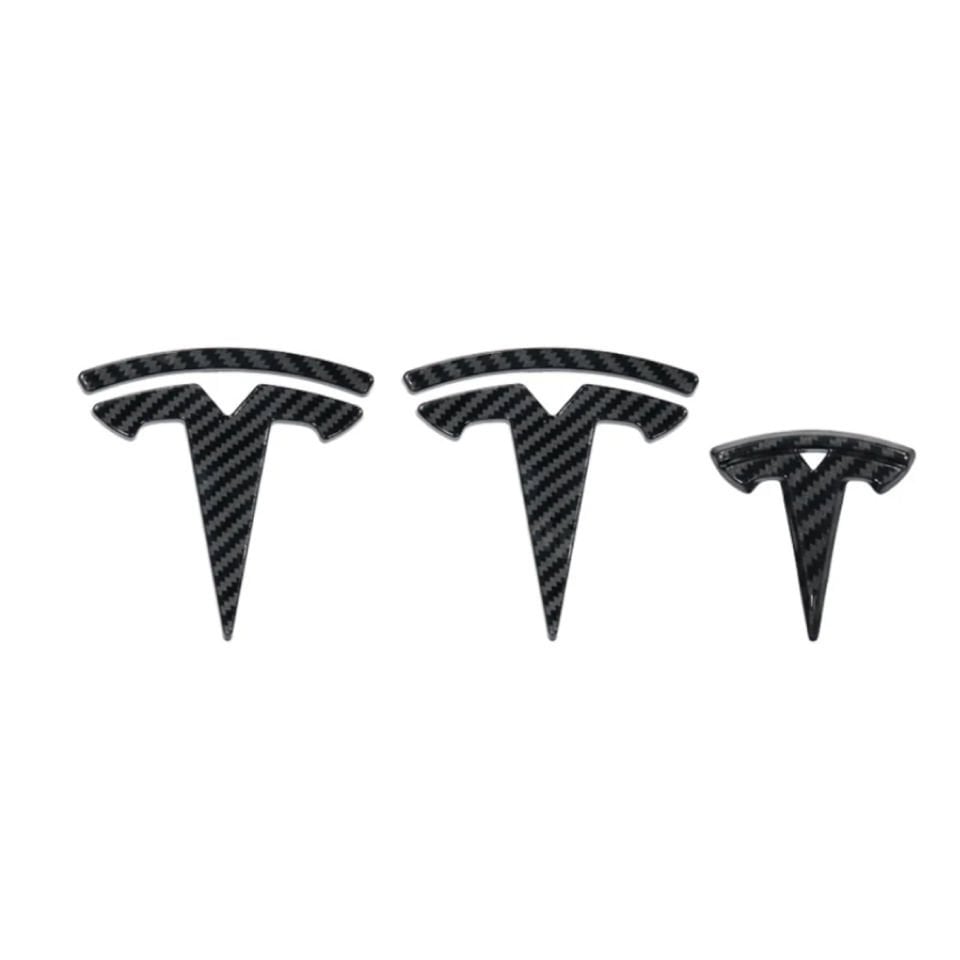 Tesla Model Y T Logosu Seti (Ön + Arka + Direksiyon) – 3D Karbon & Parlak Siyah Amblem Parlak Karbon