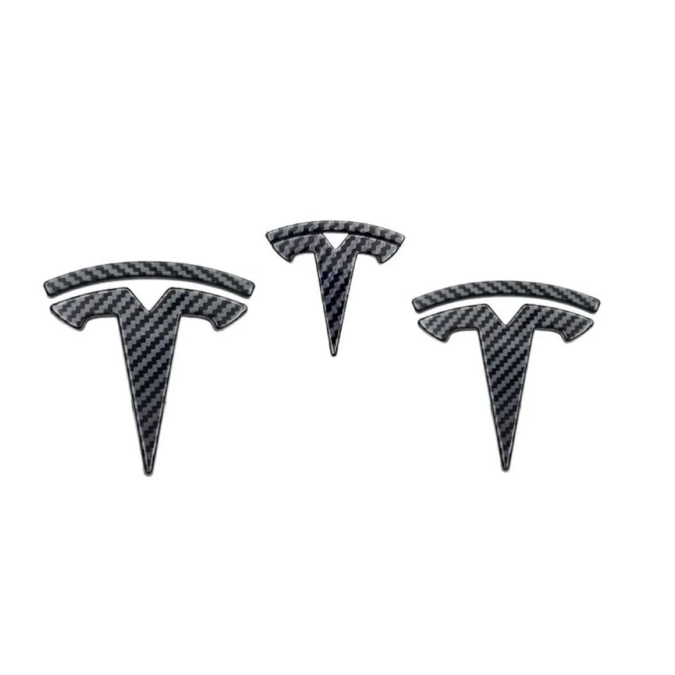 Tesla Model Y T Logosu Seti (Ön + Arka + Direksiyon) – 3D Karbon & Parlak Siyah Amblem Parlak Karbon