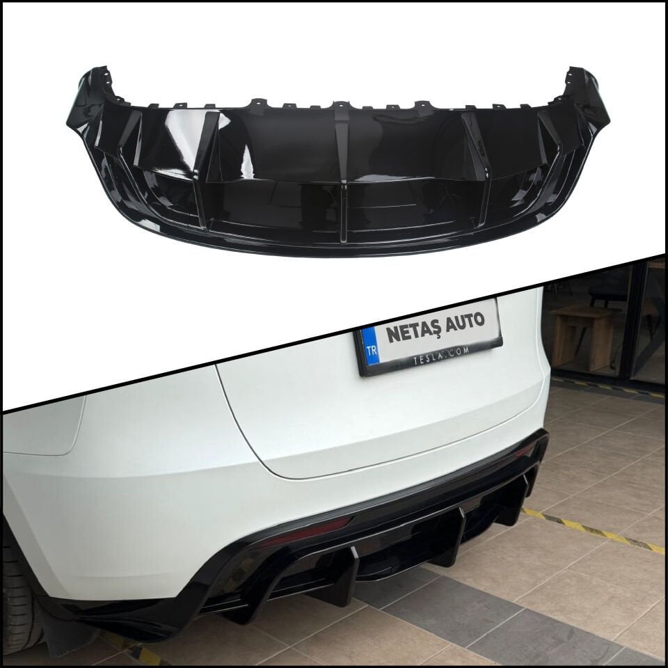 Tesla Model Y & 3 Stil 1 Arka Tampon Difüzör – Parlak Siyah, Sportif ABS Kaplama