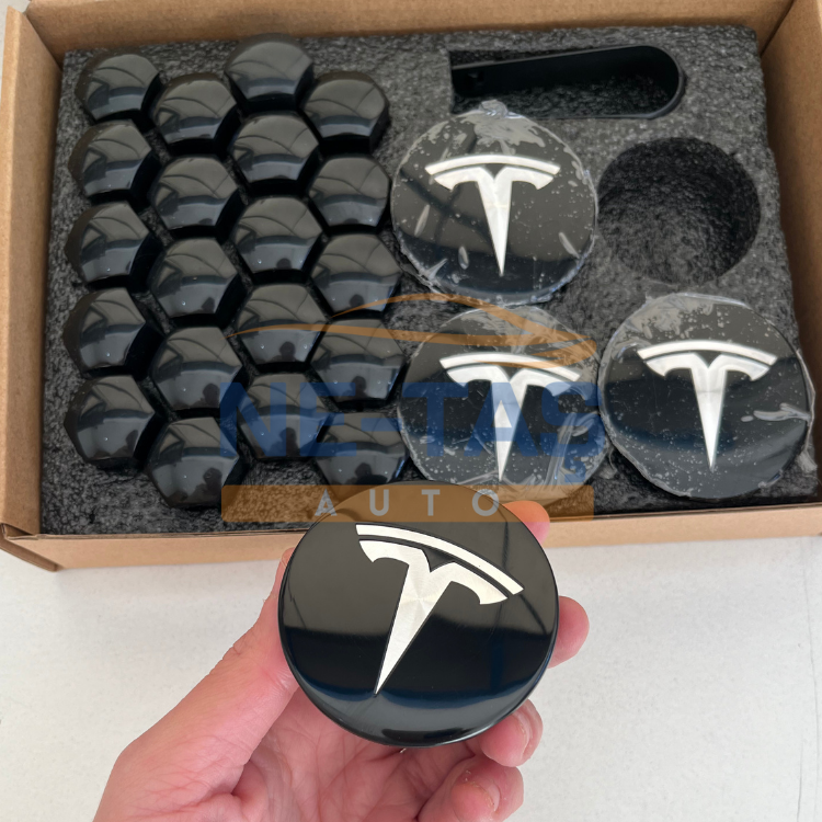 Tesla Model Y Orijinal Alüminyum Jant Göbek ve Bijon (Parlak) Kapakları Parlak Siyah