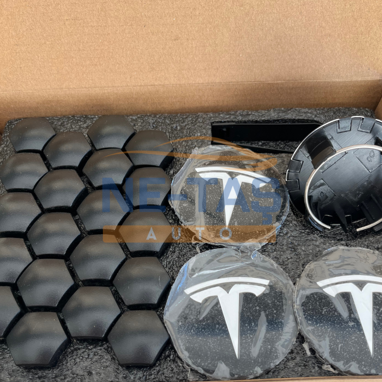 Tesla Model Y 2019-2025 Orijinal Alüminyum Jant Göbek ve Bijon Kapakları Mat Siyah