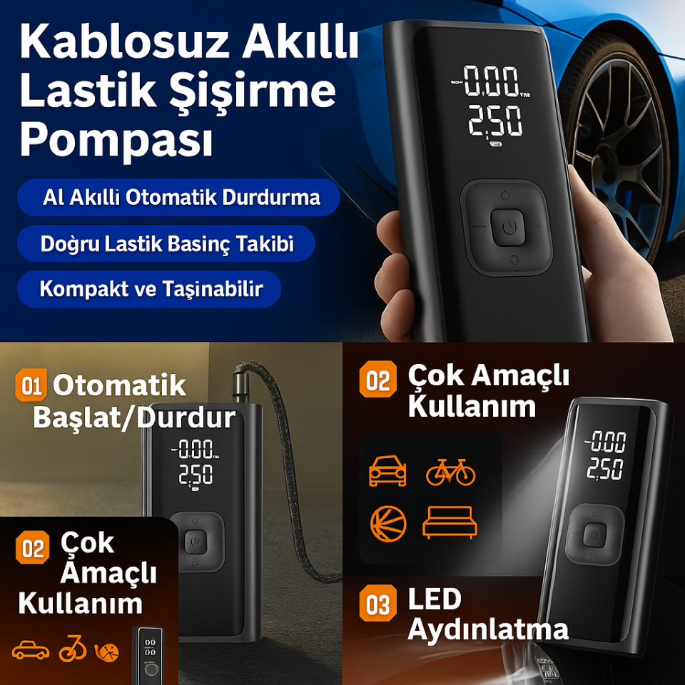 Kablosuz Akıllı Lastik Şişirme Pompası | Dijital Basınç Ölçerli | Taşınabilir Mini Kompresör