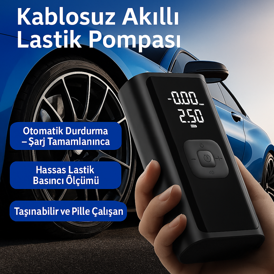 Kablosuz Akıllı Lastik Şişirme Pompası | Dijital Basınç Ölçerli | Taşınabilir Mini Kompresör