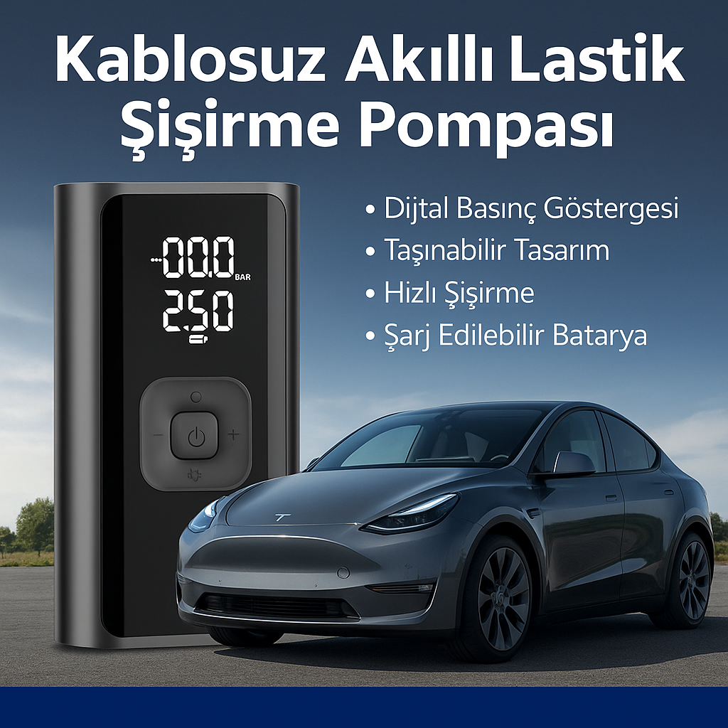 Kablosuz Akıllı Lastik Şişirme Pompası | Dijital Basınç Ölçerli | Taşınabilir Mini Kompresör