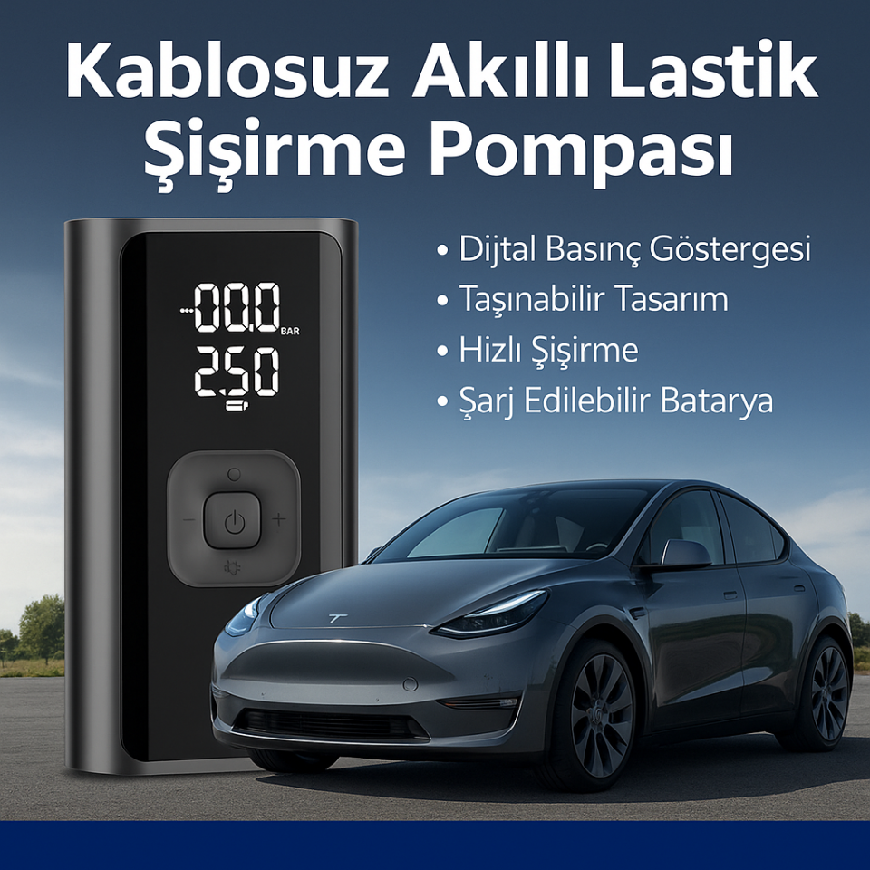 Kablosuz Akıllı Lastik Şişirme Pompası | Dijital Basınç Ölçerli | Taşınabilir Mini Kompresör