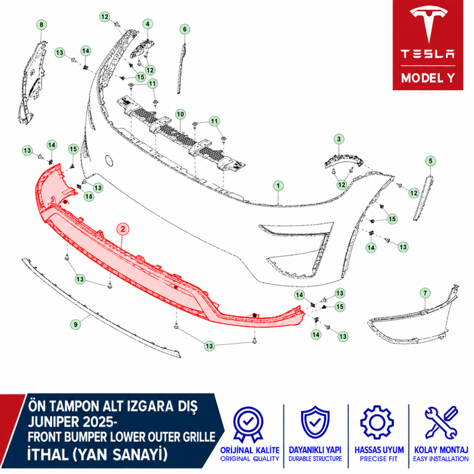 Tesla Model Y Juniper 2025- Ön Tampon Alt Izgara Dış İthal (Yan Sanayi)