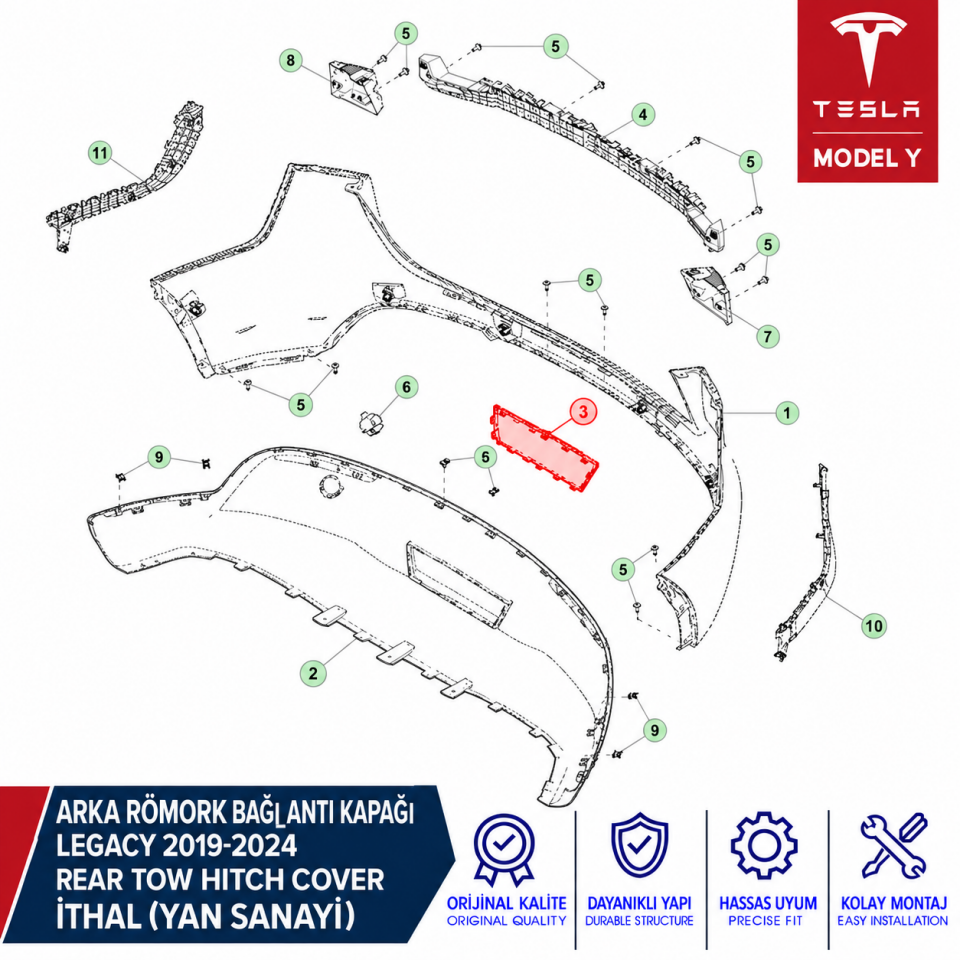 Tesla Model Legacy 2019-2024 Y Arka Römork Bağlantı Kapağı İthal (Yan Sanayi)