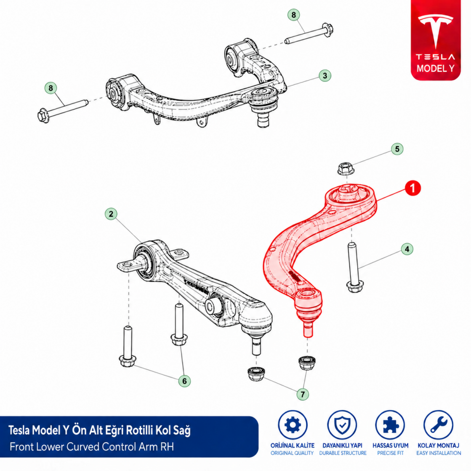 Tesla Model Y Ön Alt Eğri Rotilli Kol Sağ Yerli Üretim (Yan Sanayi)