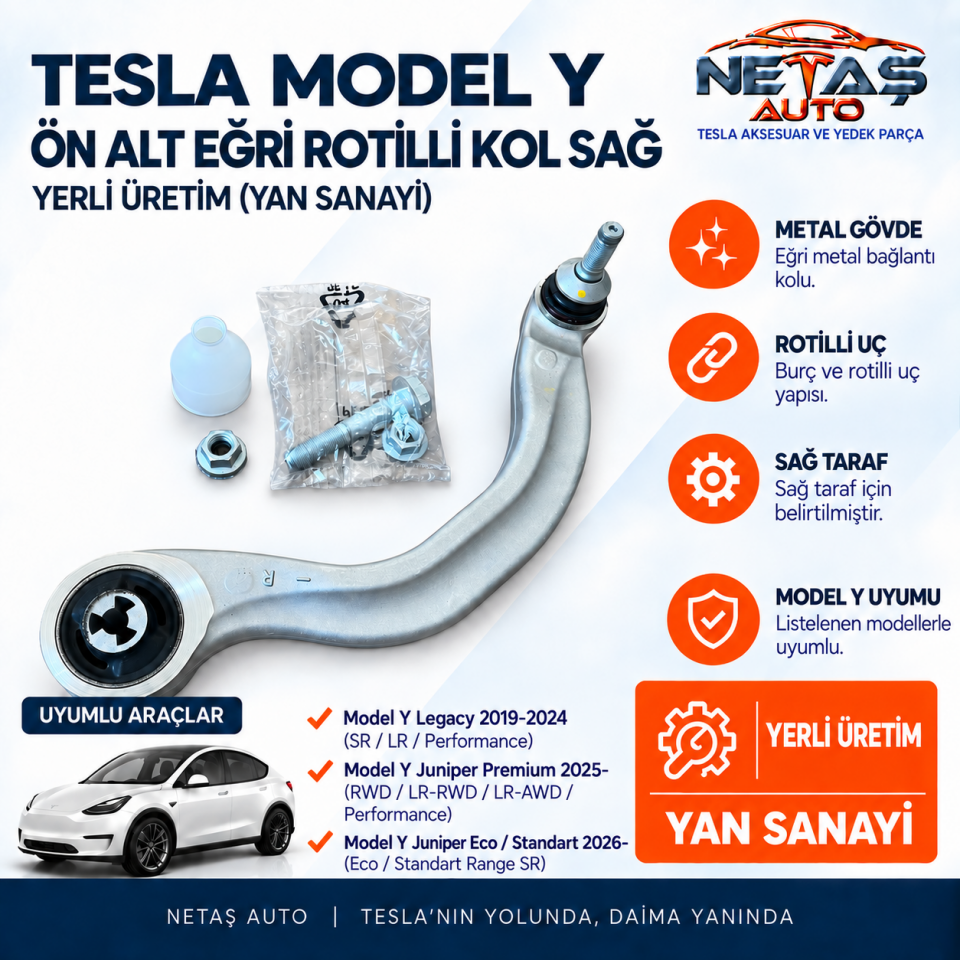 Tesla Model Y Ön Alt Eğri Rotilli Kol Sağ Yerli Üretim (Yan Sanayi)