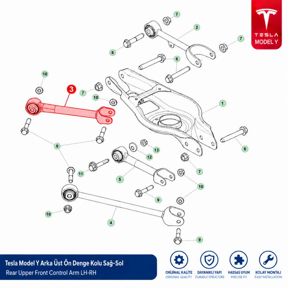 Tesla Model Y Arka Üst Ön Denge Kolu Sağ-Sol Yerli Üretim (Yan Sanayi)