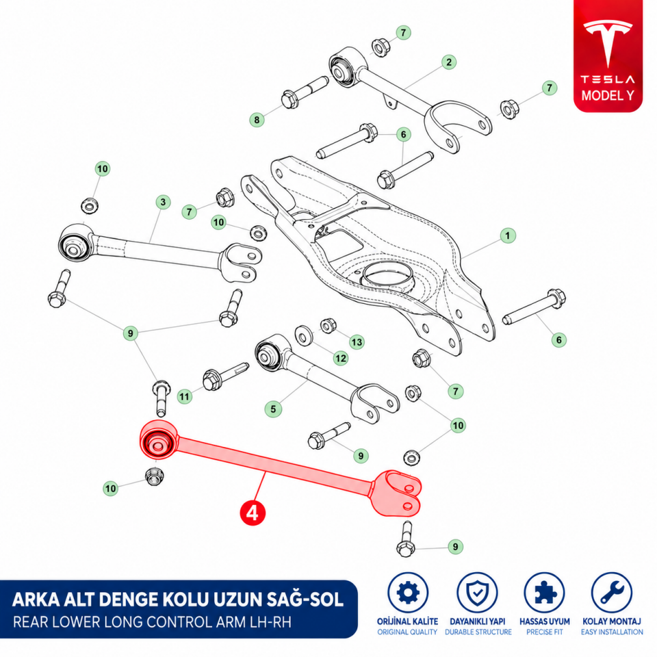Tesla Model Y Arka Alt Denge Kolu Uzun Sağ-Sol Yerli Üretim (Yan Sanayi)