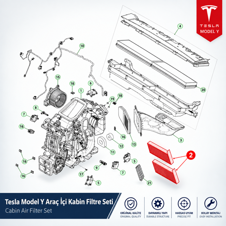 Tesla Model Y Araç İçi Kabin Filtre Seti Kutu İçi 2 Adet Sol-Sağ Avrupa Üretim