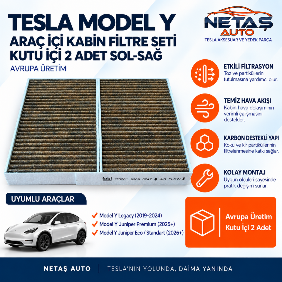 Tesla Model Y Araç İçi Kabin Filtre Seti Kutu İçi 2 Adet Sol-Sağ Avrupa Üretim