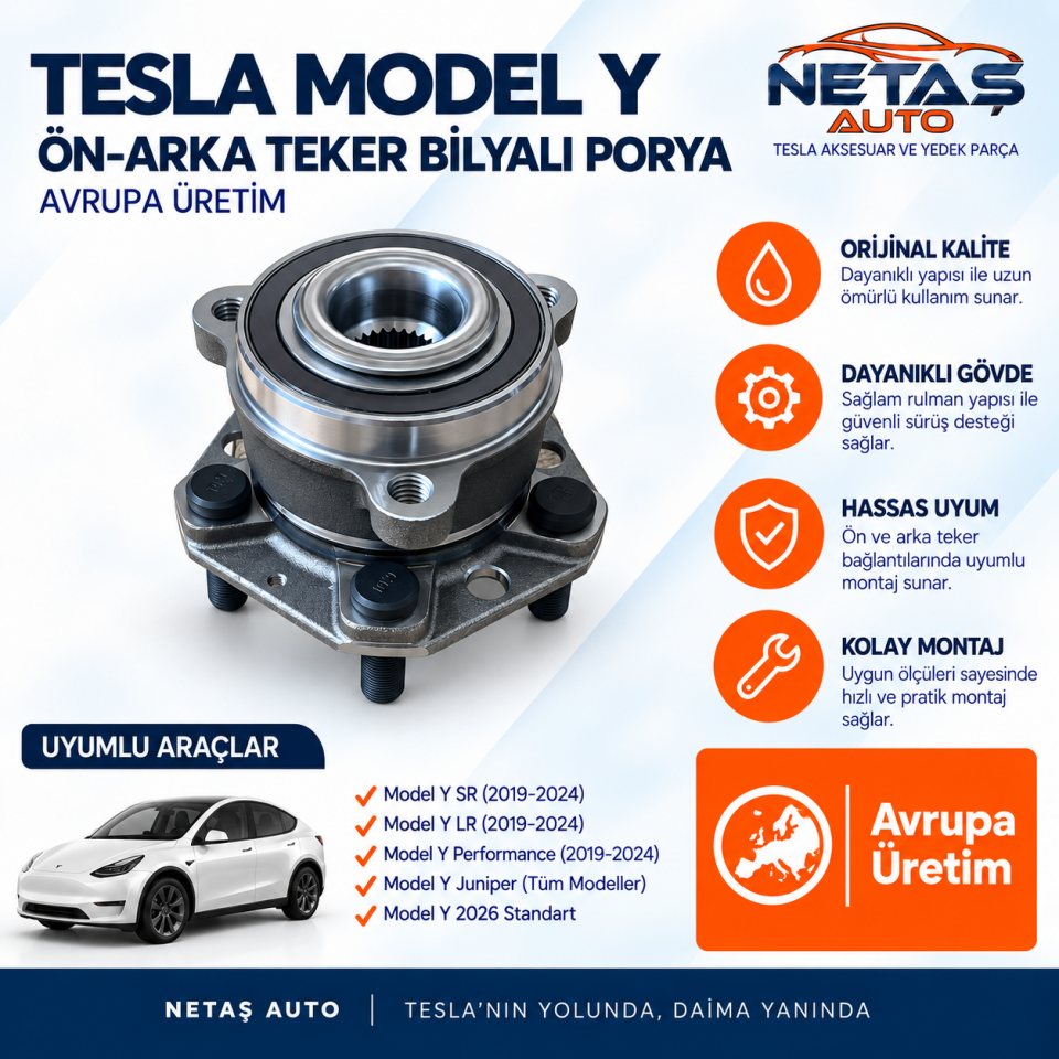 Tesla Model Y Ön-Arka Teker Bilyalı Porya Avrupa Üretim