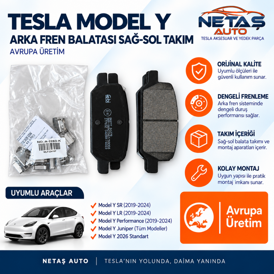 Tesla Model Y Arka Fren Balatası Sağ-Sol Takım Avrupa Üretim