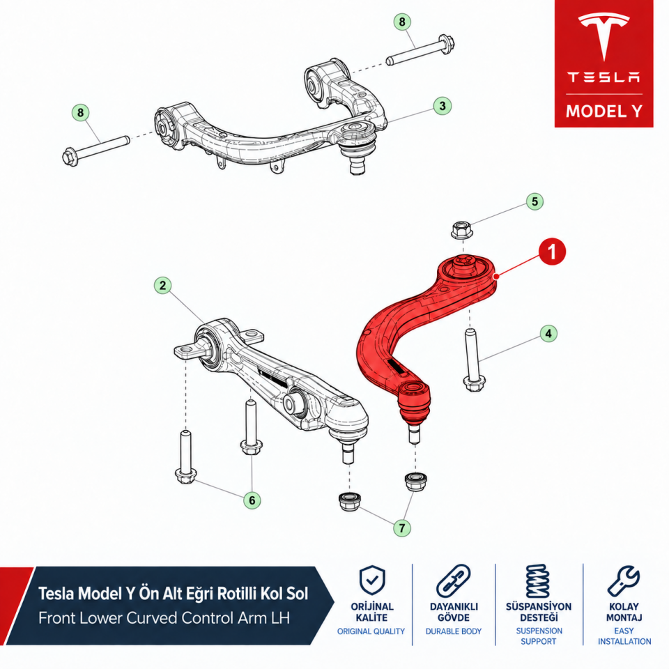 Tesla Model Y Ön Alt Eğri Rotilli Kol Sol Avrupa Üretim