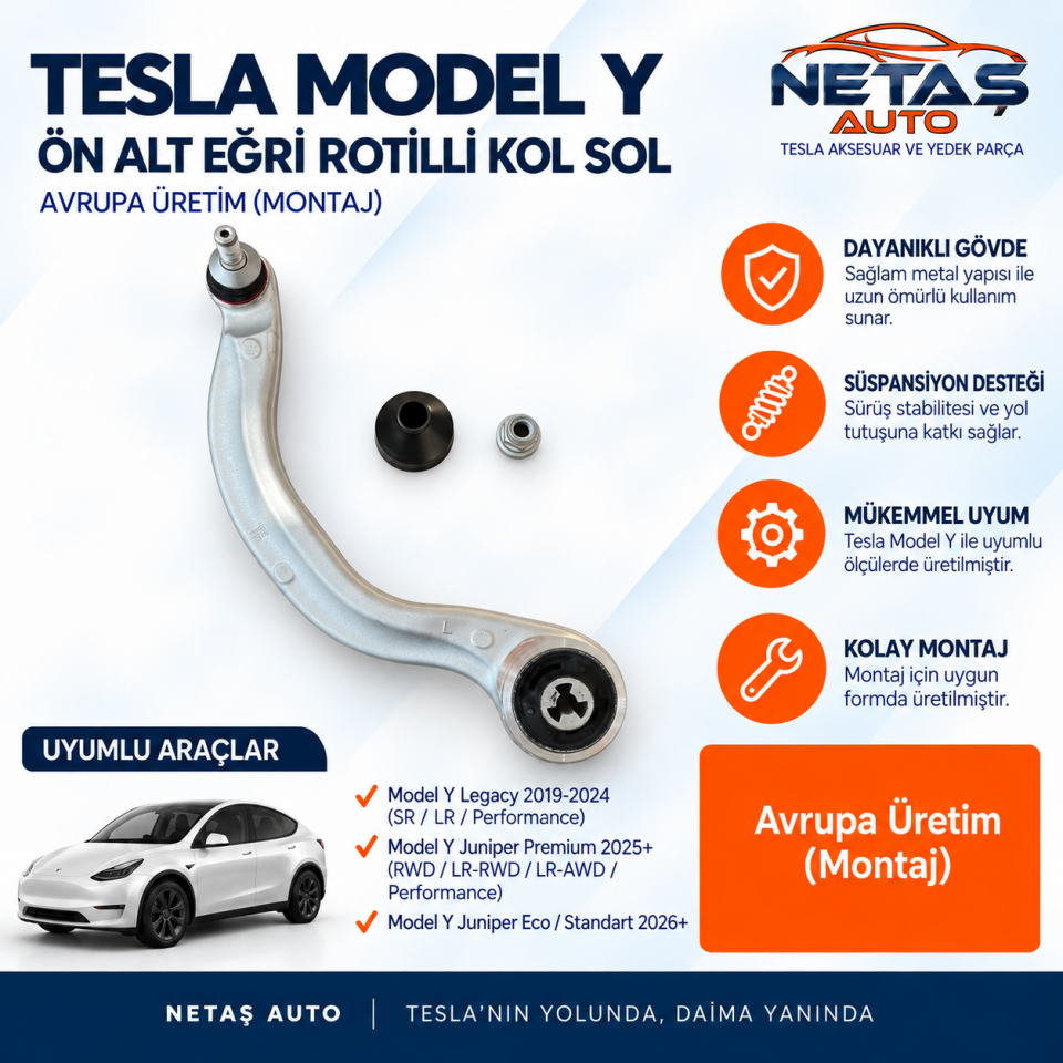 Tesla Model Y Ön Alt Eğri Rotilli Kol Sol Avrupa Üretim