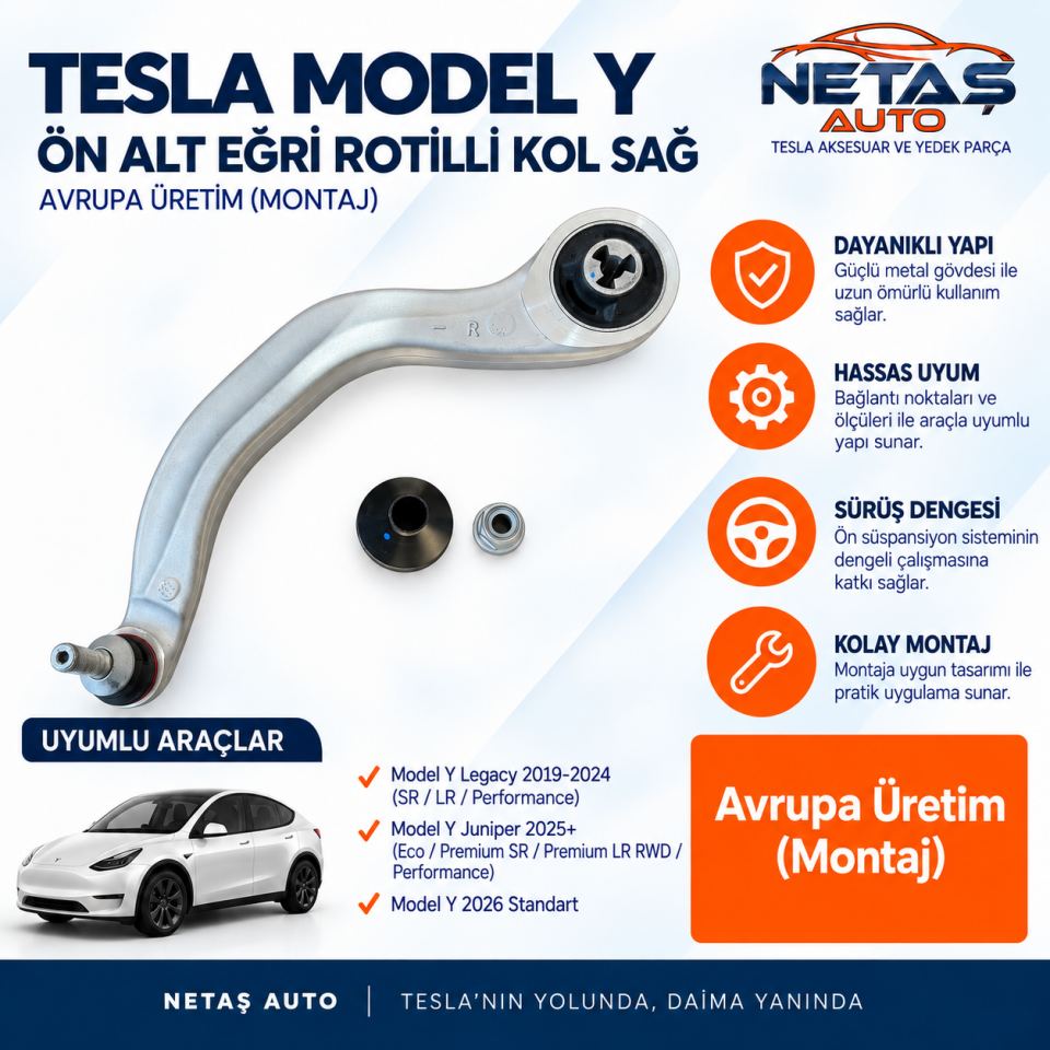 Tesla Model Y Ön Alt Eğri Rotilli Kol Sağ Avrupa Üretim