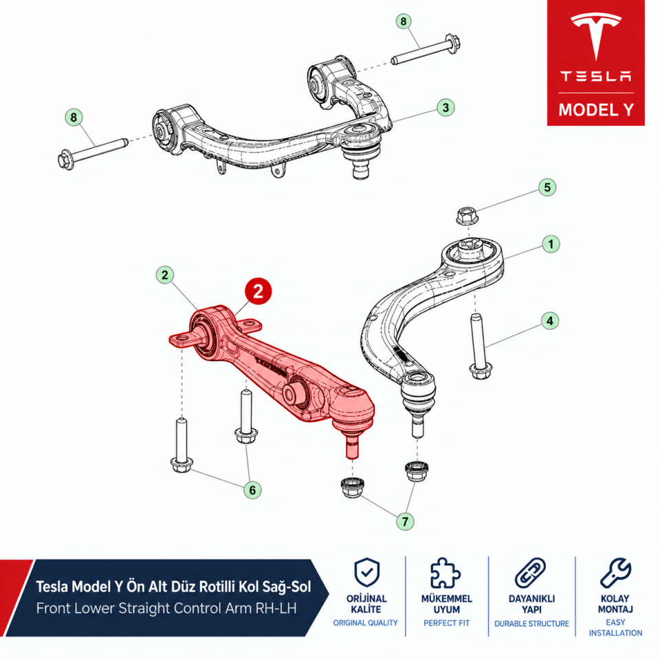 Tesla Model Y Ön Alt Düz Rotilli Kol Sağ-Sol Avrupa Üretim