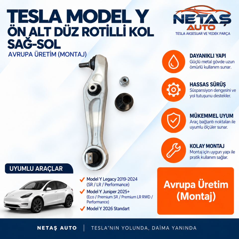 Tesla Model Y Ön Alt Düz Rotilli Kol Sağ-Sol Avrupa Üretim