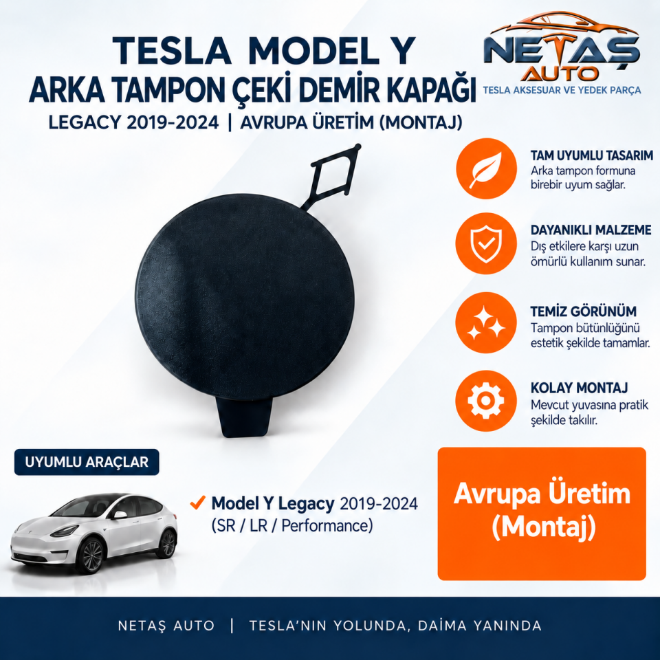 Tesla Model Y Legacy 2019-2024 Arka Tampon Çeki Demir Kapağı Avrupa Üretim