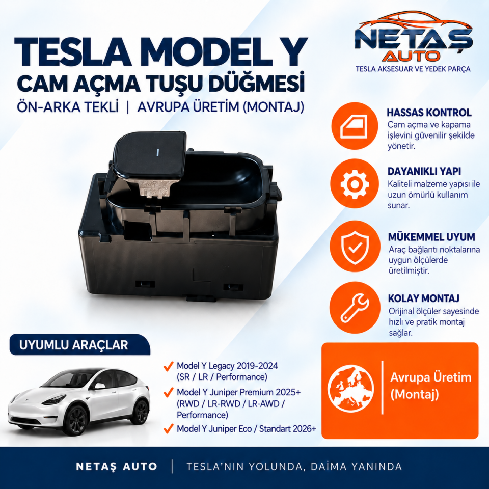 Tesla Model Y Cam Açma Tuşu Düğmesi Ön-Arka Tekli Avrupa Üretim