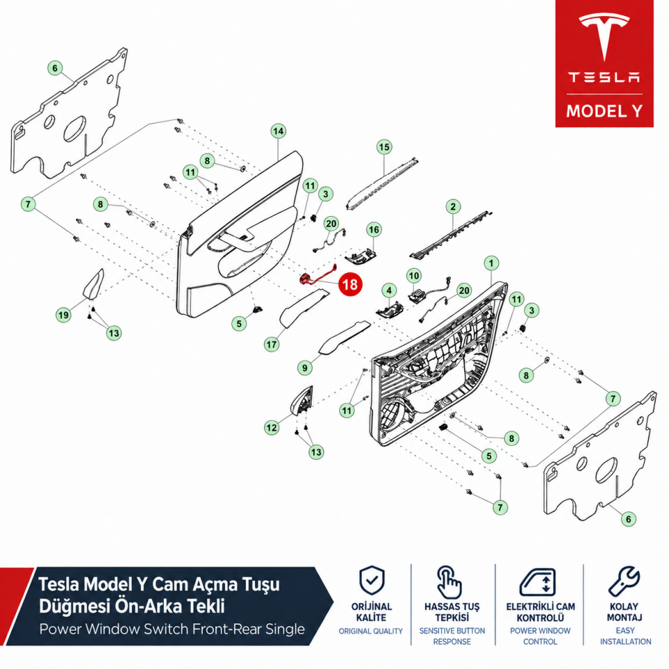 Tesla Model Y Cam Açma Tuşu Düğmesi Ön-Arka Tekli Avrupa Üretim