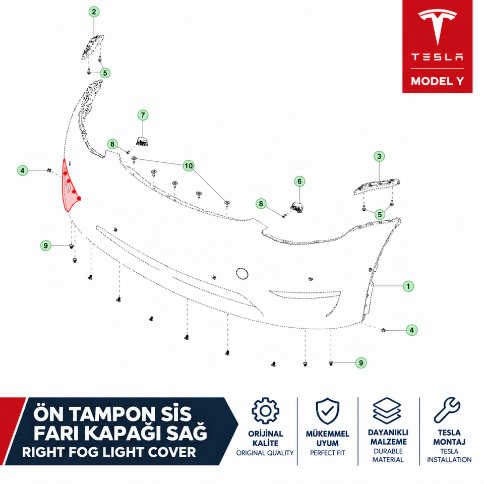 Tesla Model Y Legacy SR 2019-2024 Ön Tampon Sis Farı Kapağı Sağ Orjinal (Tesla)
