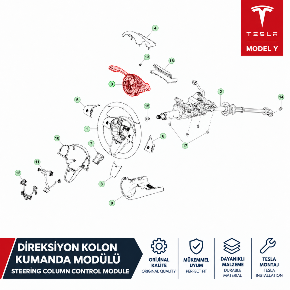 Tesla Model Y Legacy 2019-2024 Direksiyon Kolon Kumanda Modülü Orjinal (Tesla)