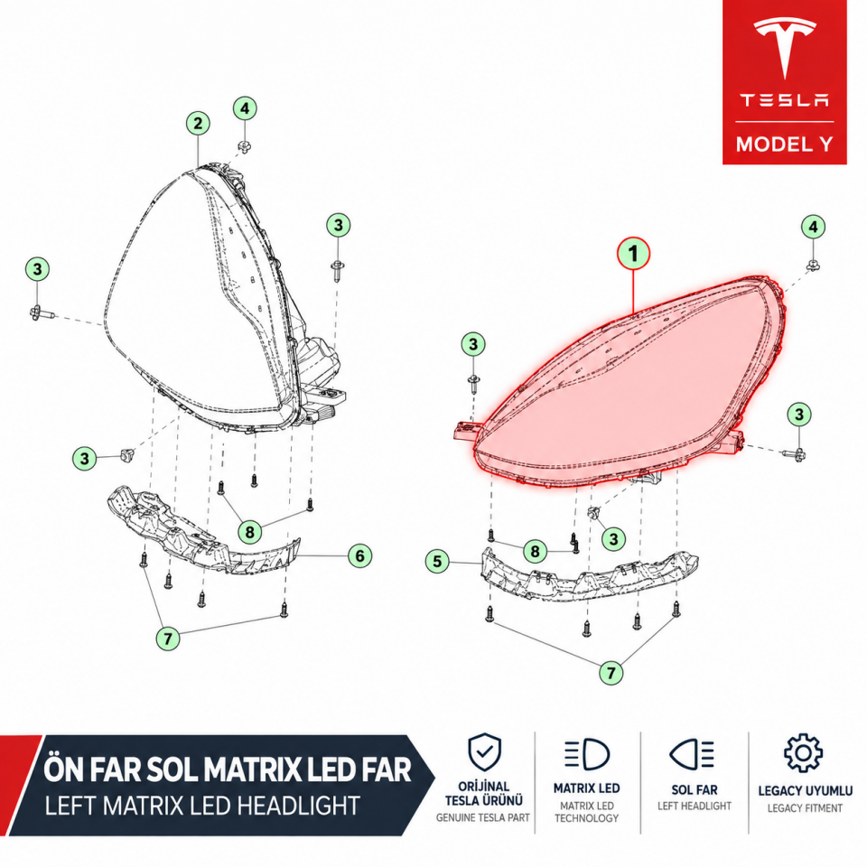 Tesla Model Y Legacy 2019-2024 Ön Far Sol Matrix LED Far Orjinal (Tesla)