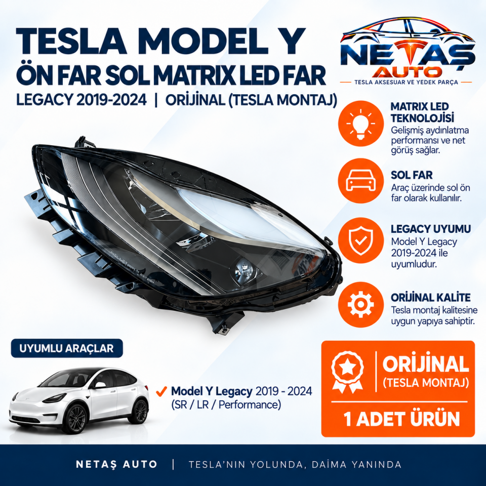 Tesla Model Y Legacy 2019-2024 Ön Far Sol Matrix LED Far Orjinal (Tesla)