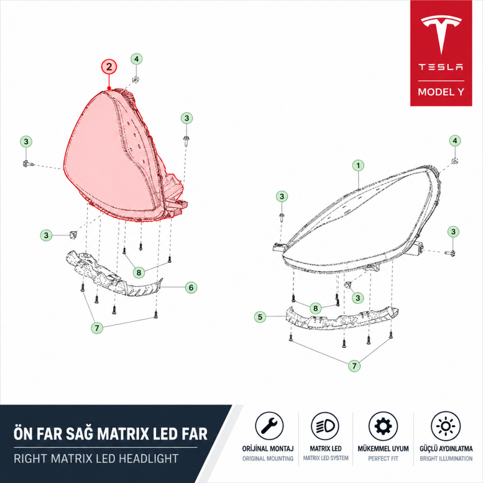 Tesla Model Y Legacy 2019-2024 Ön Far Sağ Matrix LED Far Orjinal (Tesla)