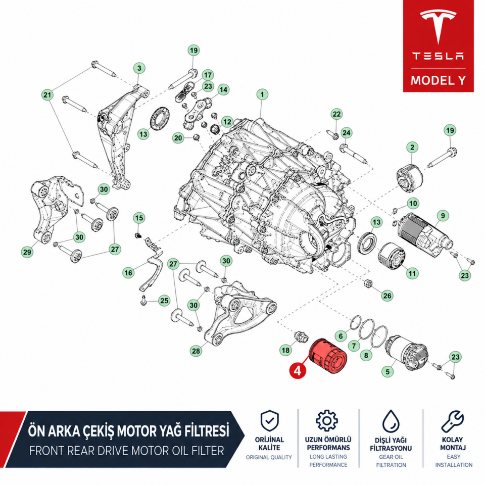 Tesla Model Y Ön Arka Çekiş Motor Yağ Filtresi Avrupa Üretim