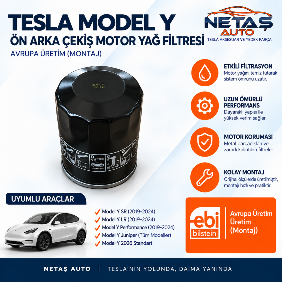 Tesla Model Y Ön Arka Çekiş Motor Yağ Filtresi Avrupa Üretim