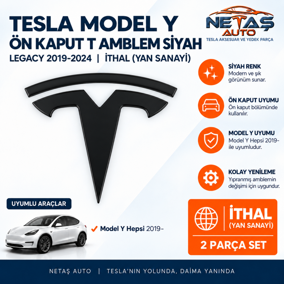 Tesla Model Y Ön Kaput T Amblem Siyah İthal (Yan Sanayi)