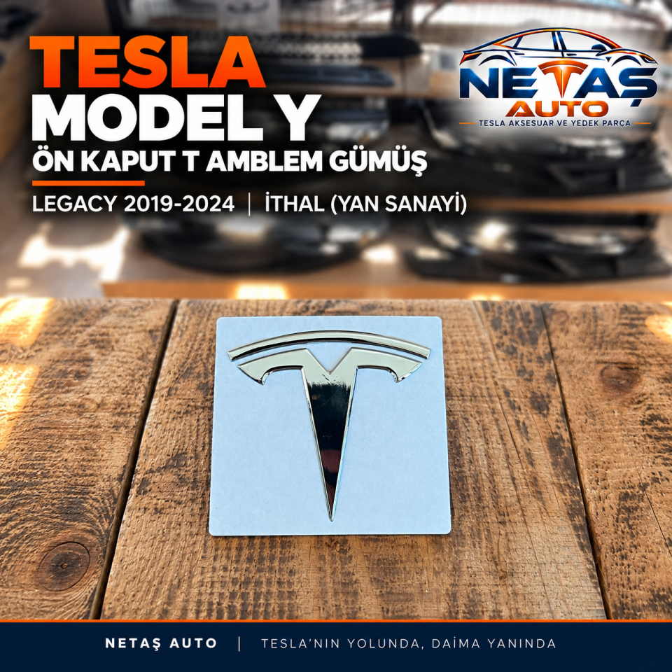 Tesla Model Y Ön Kaput T Amblem Gümüş İthal (Yan Sanayi)
