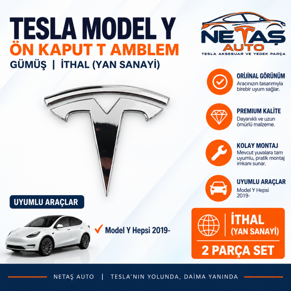 Tesla Model Y Ön Kaput T Amblem Gümüş İthal (Yan Sanayi)