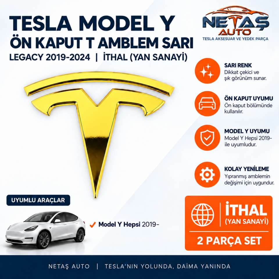 Tesla Model Y Ön Kaput T Amblem Sarı İthal (Yan Sanayi)
