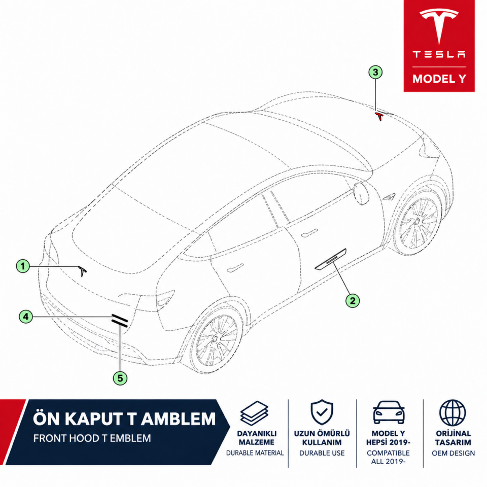Tesla Model Y Ön Kaput T Amblem Sarı İthal (Yan Sanayi)