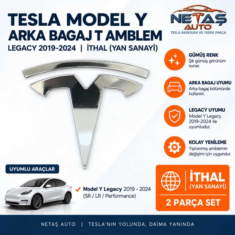 Tesla Model Y Legacy 2019-2024 Arka Bagaj T Amblem Gümüş İthal (Yan Sanayi)