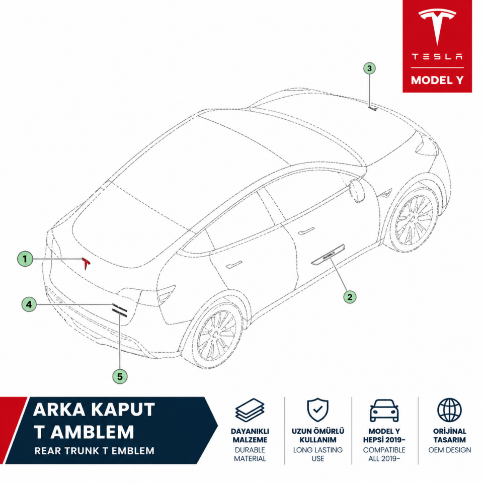 Tesla Model Y Legacy 2019-2024 Arka Bagaj T Amblem Gümüş İthal (Yan Sanayi)