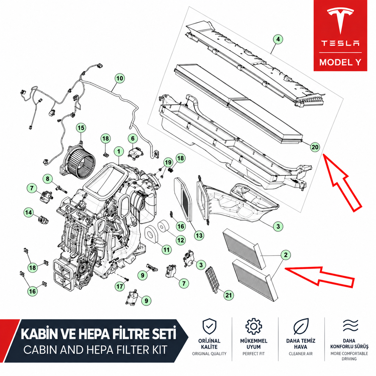 Tesla Model Y Filtre Set Araç İçi Kabin ve HEPA Filtreler 3 Kutu 6 Adet Avrupa Üretim (Montaj)