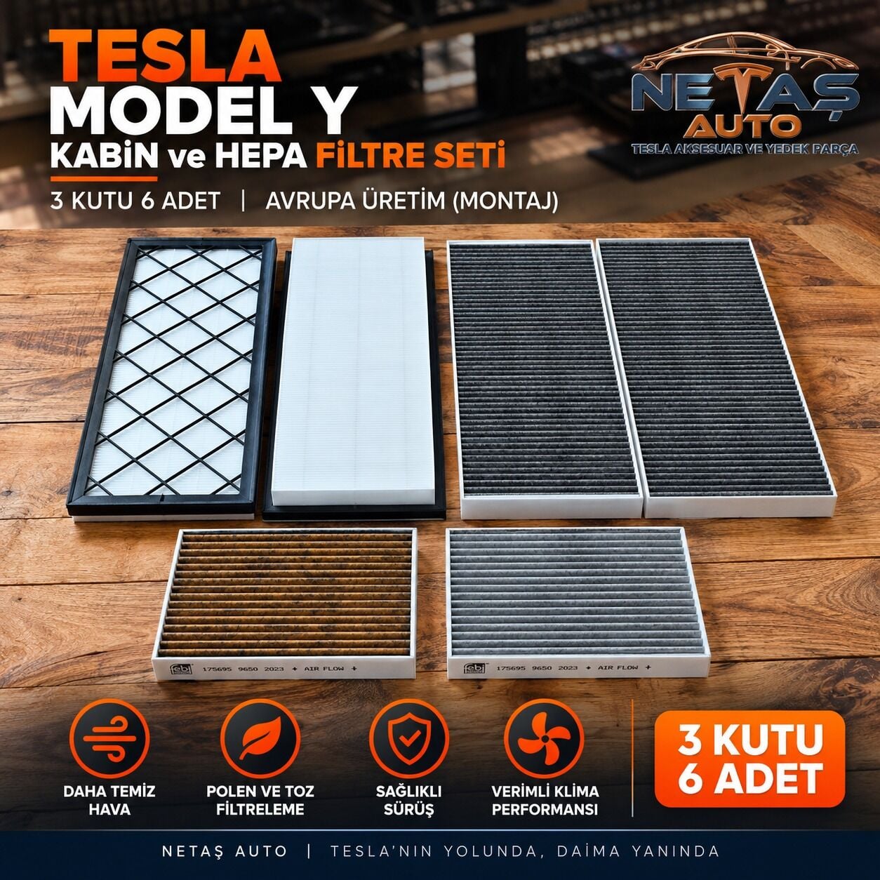 Tesla Model Y HEPA Filtre ve Kabin Filtre Seti 3 Kutu 6 Adet Avrupa Üretim