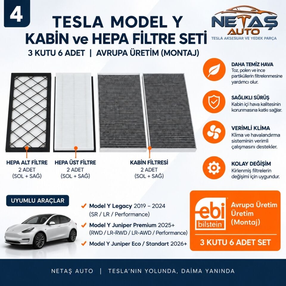 Tesla Model Y HEPA Filtre ve Kabin Filtre Seti 3 Kutu 6 Adet Avrupa Üretim